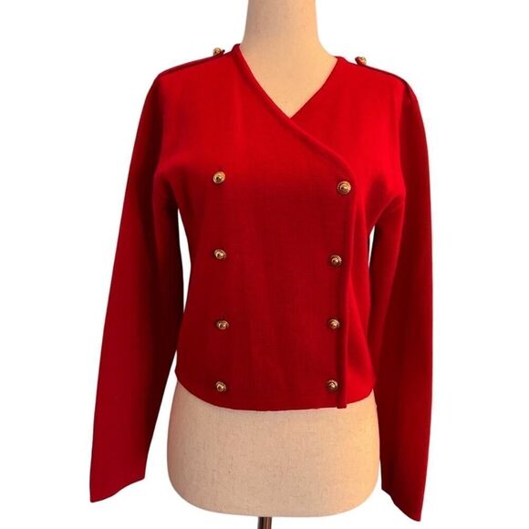 Vintage Great Britain JAEGER RED DB Cardigan Sweater Jacket Epaulettes Wool XS S - Picture 1 of 8